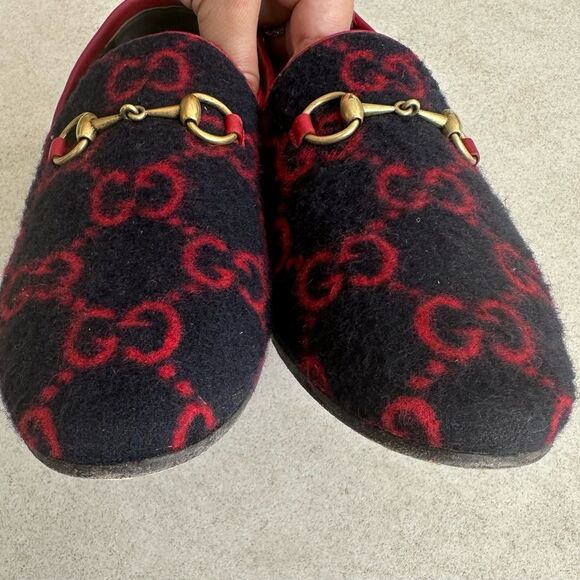GUCCI Jordaan GG Monogram Horsebit Wool Flat Loafers Navy Blue & Red EU 37 US 7 - Picture 8 of 10